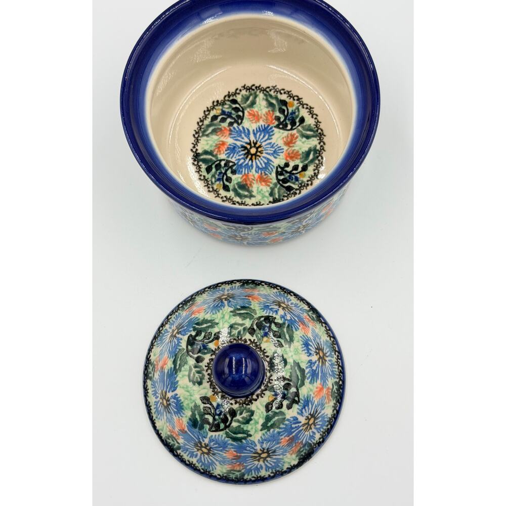 Unikat Polish Pottery E. Karbownik 6' Lidded Bowl Blue Wreath Jar - Picture 8 of 8